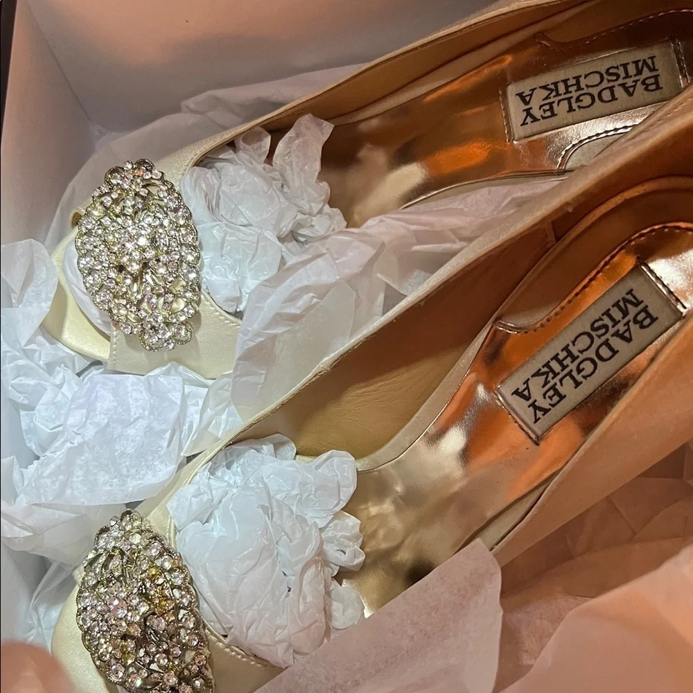 Badgley Mischka Women’s Goodie Vansat Champagne Satin Shoes Heels Size 7.5